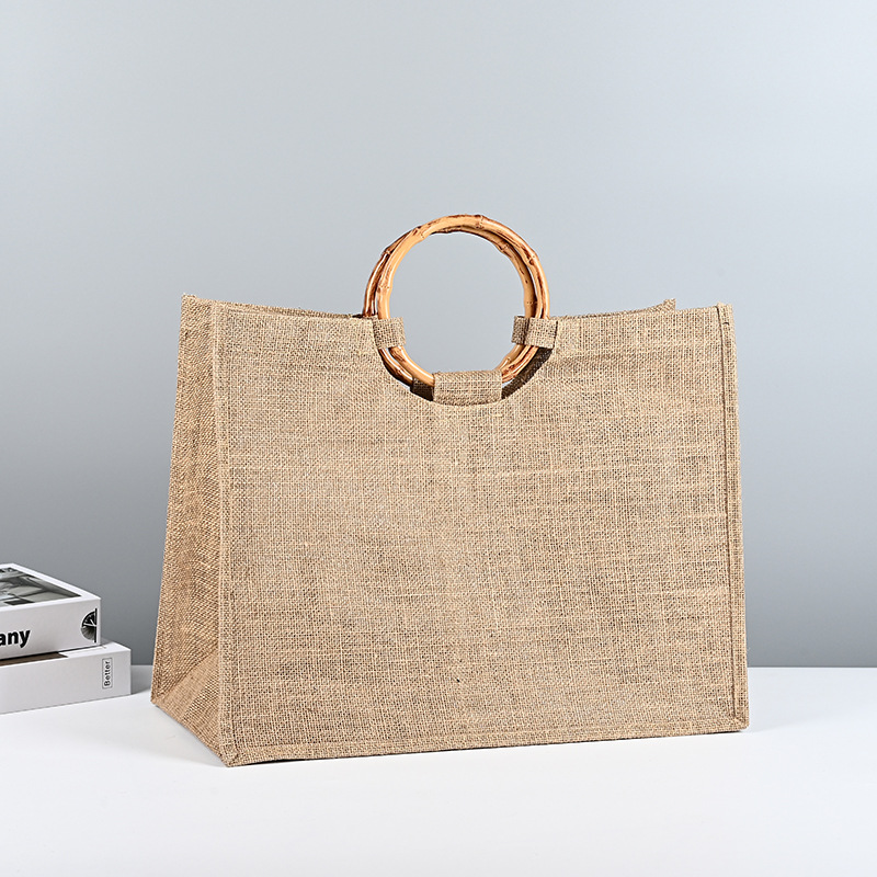 Premium Custom Logo Natural Jute Round Bamboo Handle Tote Bag for Weddings Parties and Beach Gifts - Image 6