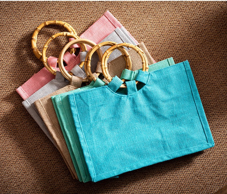 Premium Custom Logo Natural Jute Round Bamboo Handle Tote Bag for Weddings Parties and Beach Gifts - Image 2